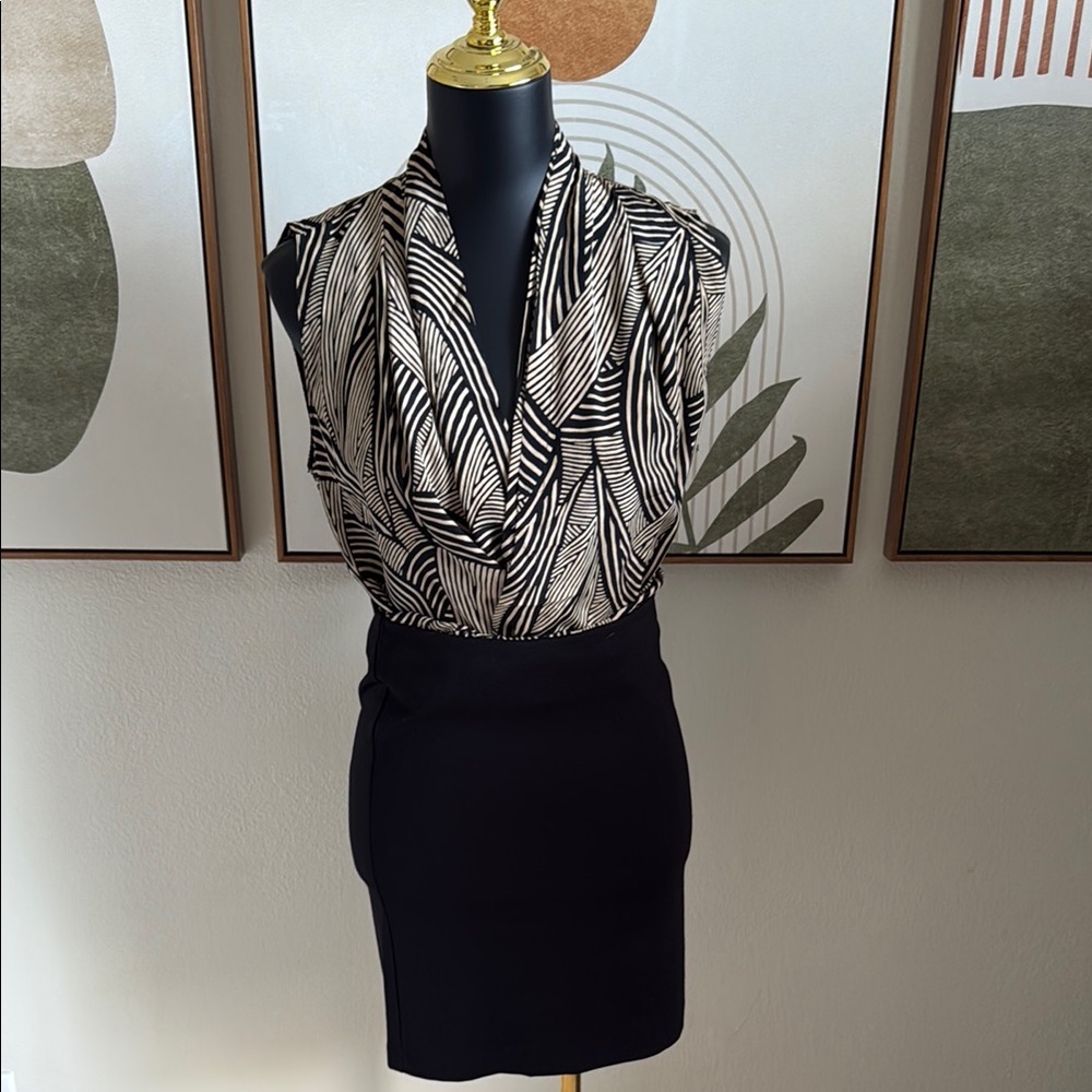 Amanda Uprichard Silk Top Tan Drapey Black Mini Skirt Cocktail Dress
